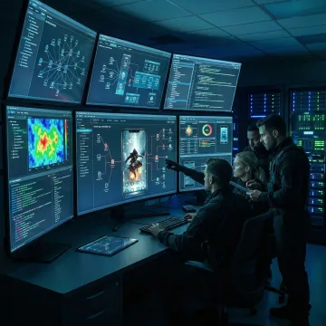 Red team specialists analyzing mobile fintech app vulnerabilities on multiple security screens