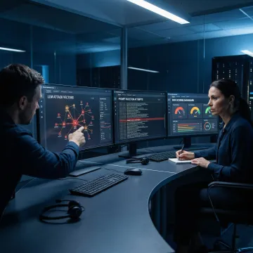 AI security engineers reviewing LLM vulnerability assessment results on multiple monitors