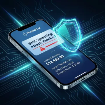Mobile banking app protected from SMS spoofing with AI security layer visualization