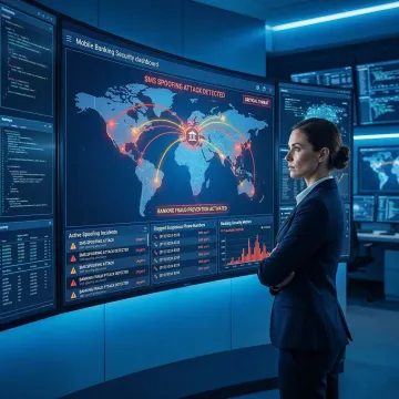 Security professional monitoring SMS spoofing threats on a mobile banking application dashboard