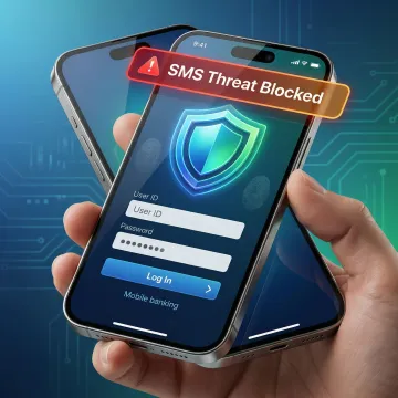 Mobile banking app protected from spoof text attack showing secure authentication screen