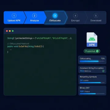 Step-by-step Android APK obfuscation process on a secure platform dashboard