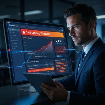 Security engineer monitoring SMS spoofing threat alerts on a mobile banking dashboard