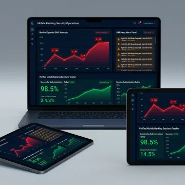 Security platform dashboard showing blocked spoof SMS attacks on mobile banking users