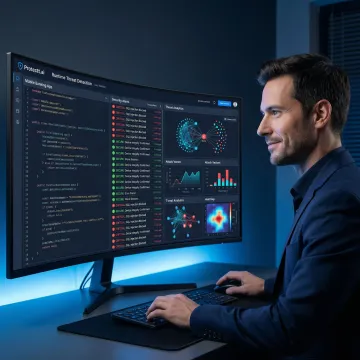 Security engineer monitoring real-time anti-tampering protection dashboard for a mobile banking application