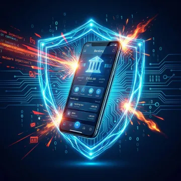 Illustration of runtime anti-tampering shield protecting a mobile banking application from code injection attacks