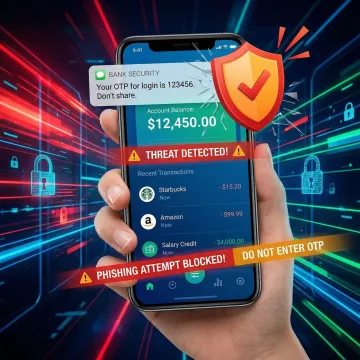 Mobile banking app protected against SMS spoofing attacks on a smartphone screen