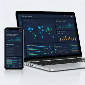 AI-powered mobile app security and fraud control platform dashboard on a smartphone and laptop screen