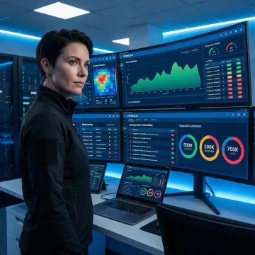 Security engineer reviewing mobile app threat intelligence and fraud analytics on enterprise platform