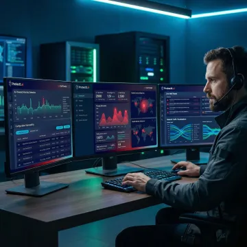 Security engineer reviewing mobile app threat intelligence on a multi-screen workstation