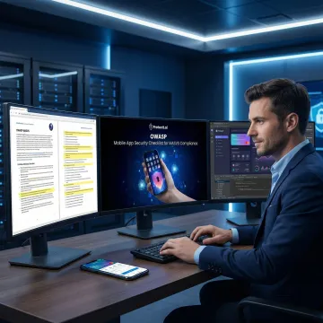 Security engineer implementing OWASP mobile security framework for a banking app on a laptop
