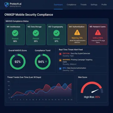 OWASP mobile security framework dashboard showing threat detection for banking app