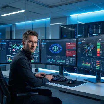 AI security engineer monitoring agentic AI runtime protection platform on multiple screens