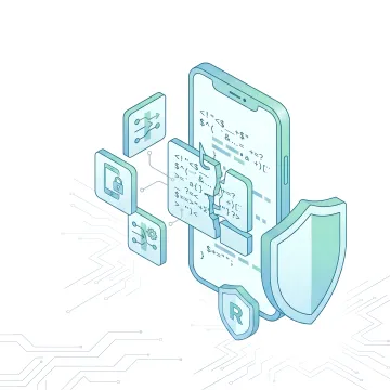 Mobile banking app code being protected from reverse engineering with encryption layers