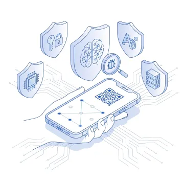 AI-native security platform interface showing mobile app and LLM threat protection for BFSI