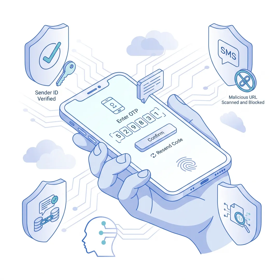 Mobile banking app protected from SMS spoofing with AI security layer visualization