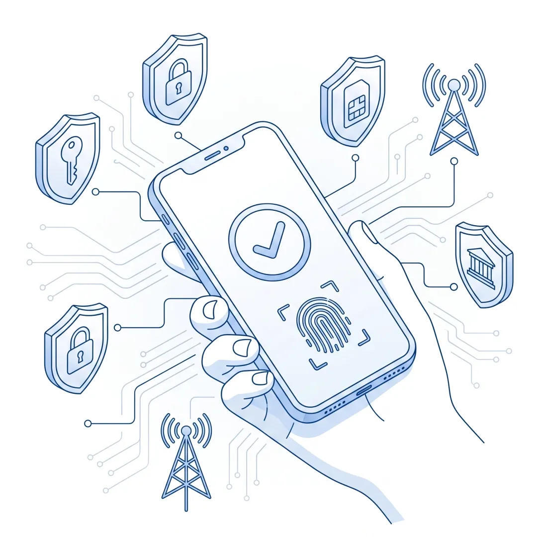 Diagram showing silent mobile verification flow between a banking app, SIM card, and mobile network operator