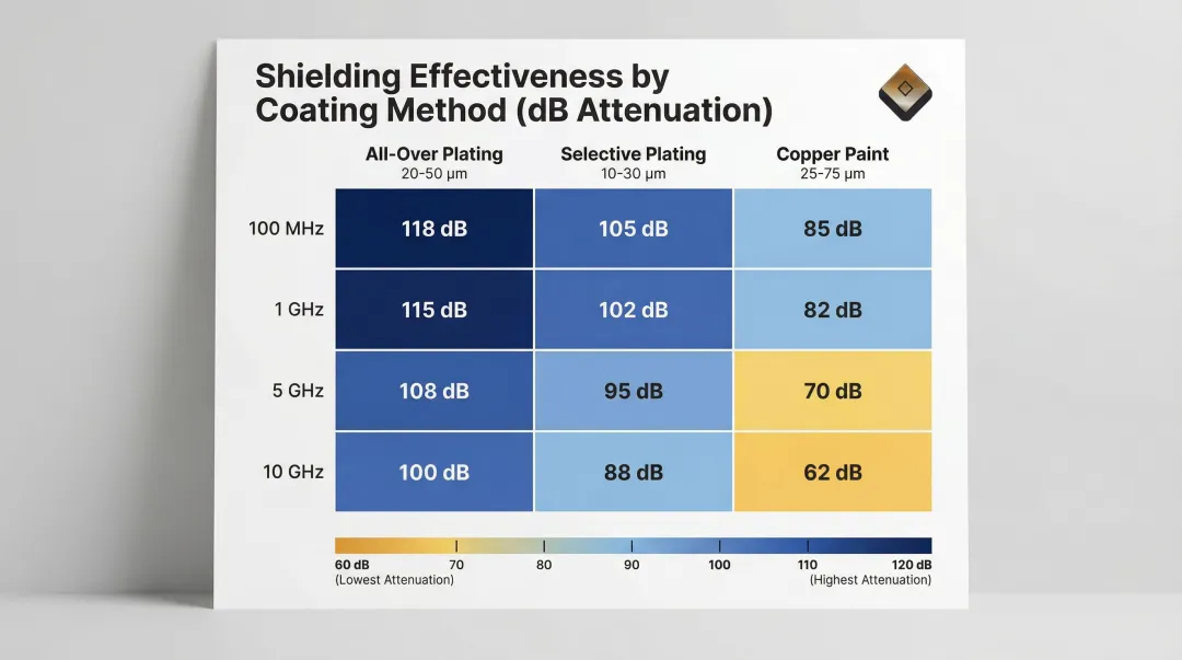 EMI shielding coating performance comparison table showing dB attenuation across four frequency ranges