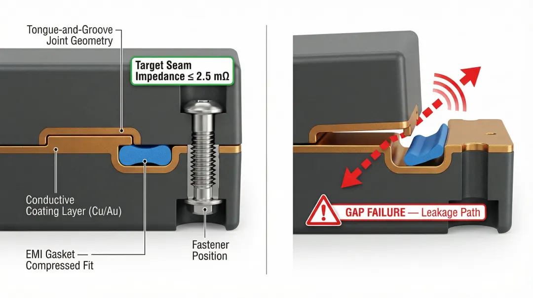 Plastic enclosure seam design cross-section showing tongue-groove joint EMI gasket and conductive continuity