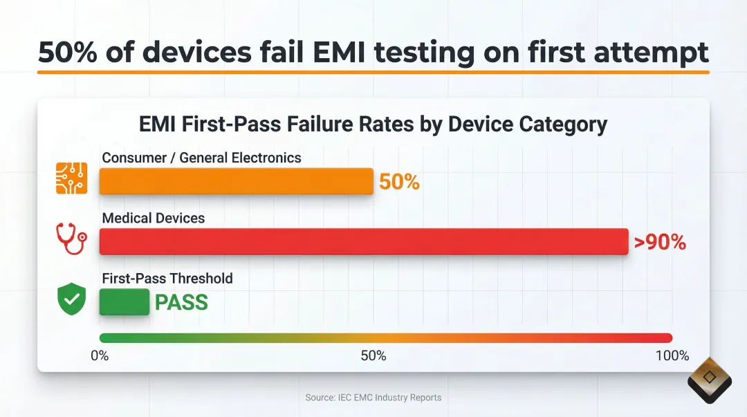 EMI testing first-pass failure rates across medical consumer and electronic device categories