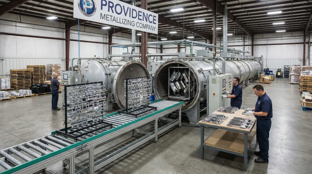 Providence Metallizing vacuum metallizing production line processing parts at scale