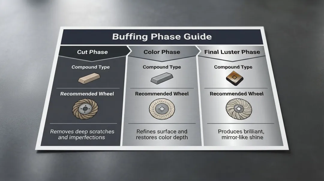 Three-phase buffing compound and wheel pairing guide for mirror finish polishing