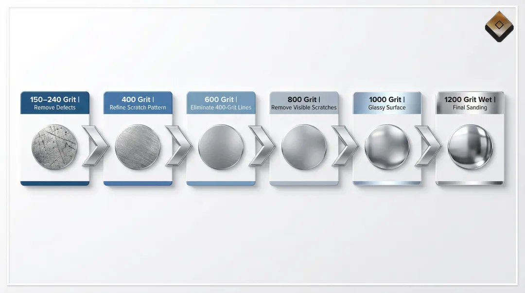 6-step progressive grit sanding sequence for stainless steel mirror finish