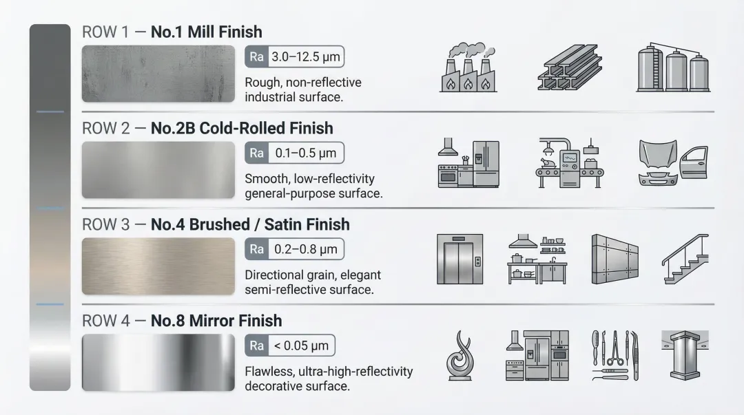 Stainless steel surface finish comparison chart from mill finish to mirror polish