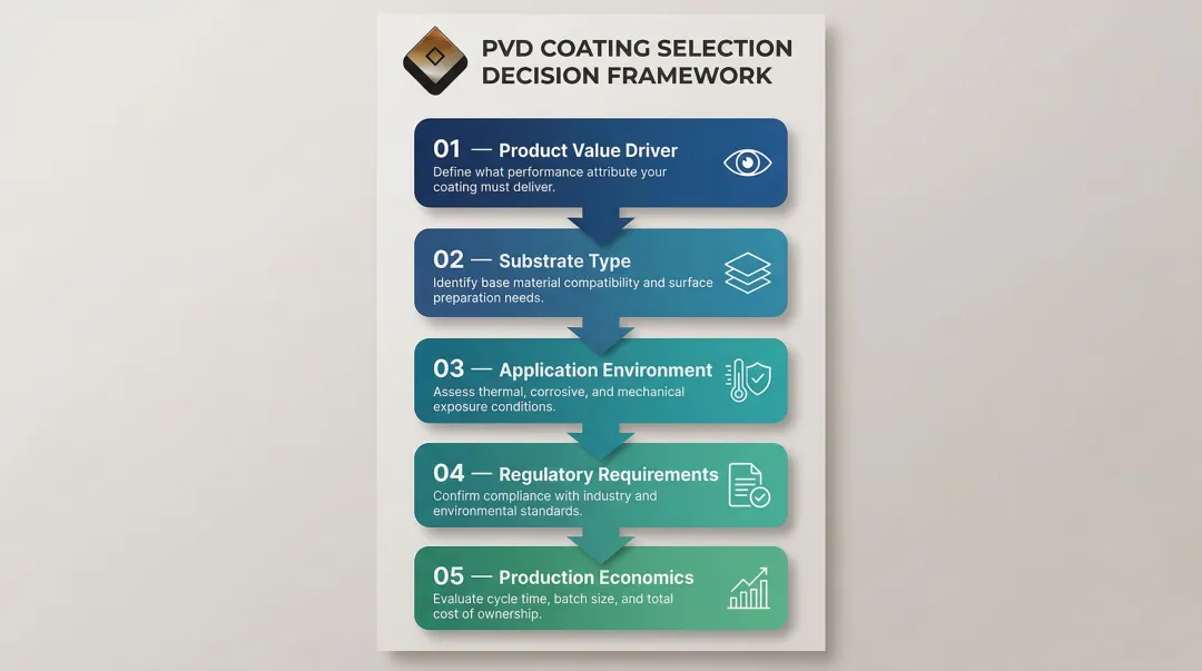 Five-factor PVD coating selection decision framework flowchart for engineers and specifiers