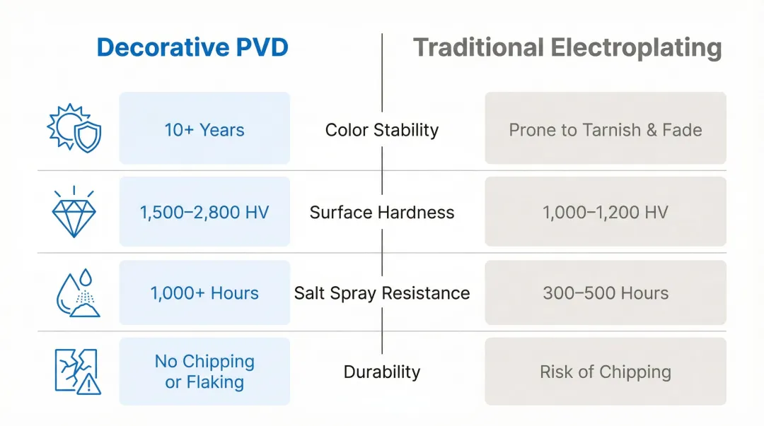 Decorative PVD versus electroplating durability comparison showing hardness and corrosion metrics