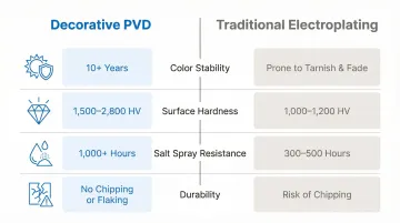 Decorative PVD versus electroplating durability comparison showing hardness and corrosion metrics