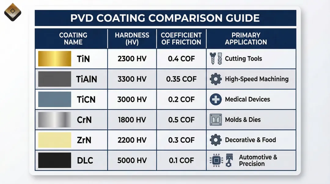 Functional PVD coating types comparison table showing hardness friction and application data