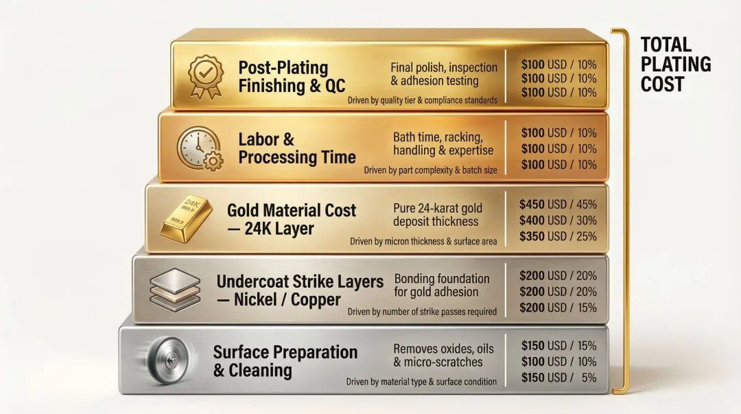24K gold plating total cost breakdown showing five component layers and their cost drivers