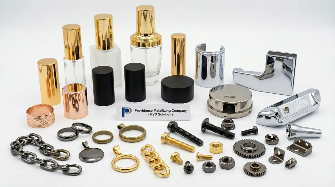PVD-coated cosmetic packaging perfume caps and precision hardware in gold and metallic finishes