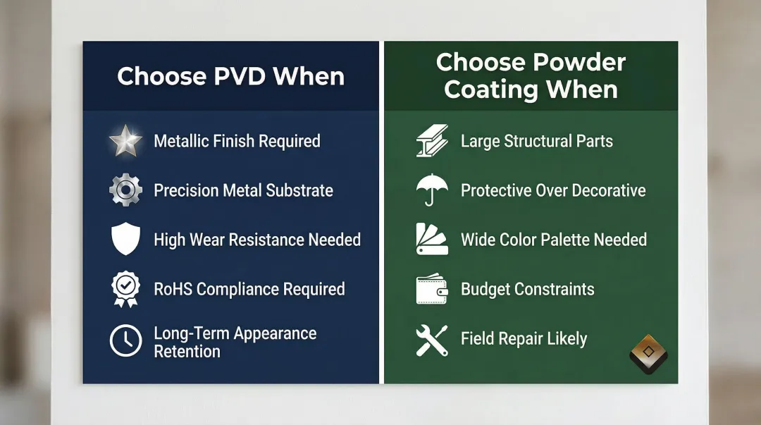 PVD versus powder coating application decision guide two-column comparison infographic