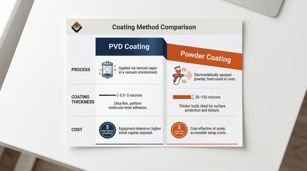 PVD coating versus powder coating side-by-side process and specs comparison infographic