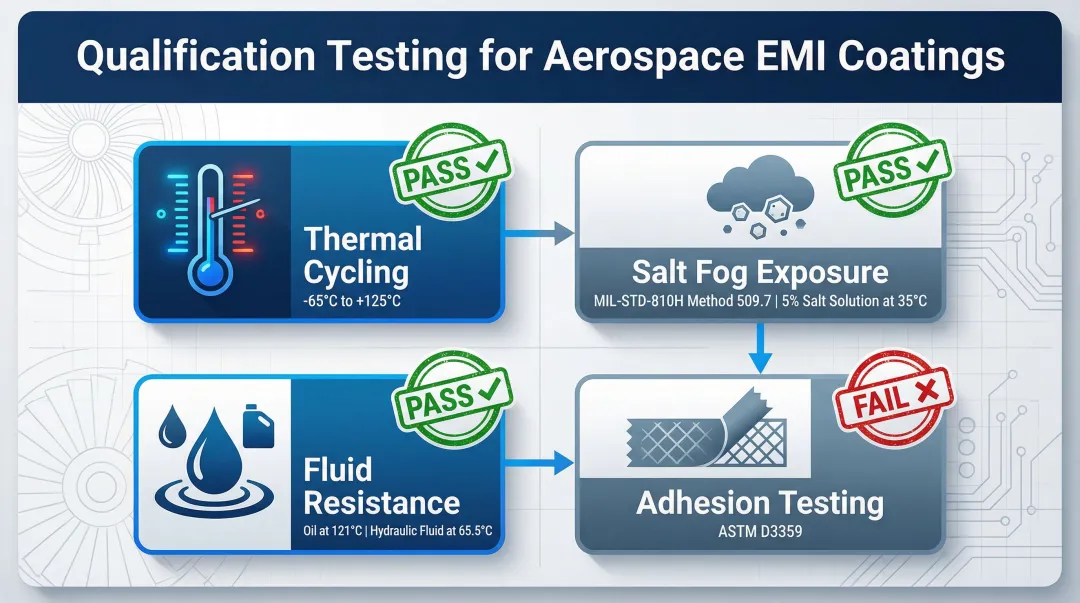 Four aerospace EMI coating environmental qualification tests thermal salt fluid adhesion criteria