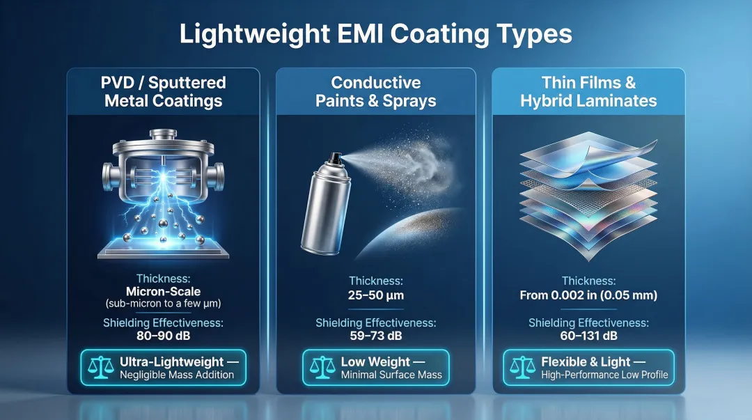 Lightweight EMI coating types comparison including PVD spray films and hybrid laminates