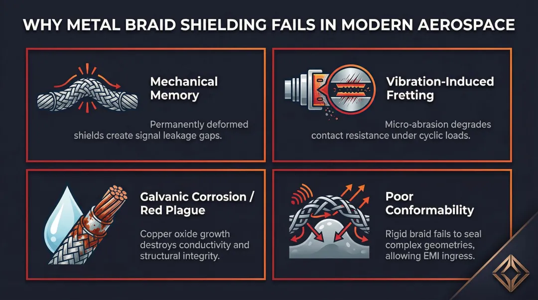 Four mechanical failure modes of traditional aerospace EMI wire braid shielding