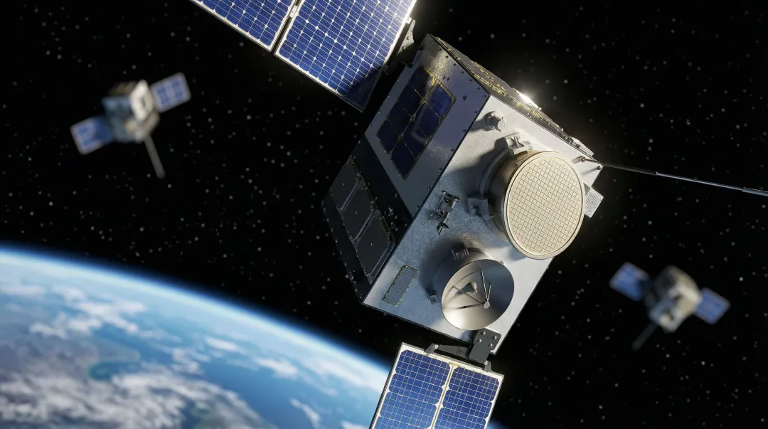 Low Earth orbit satellite with composite structure in space deployment configuration