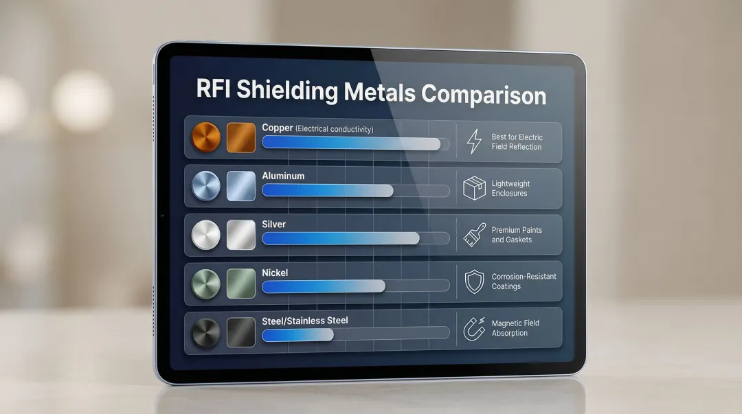 RFI shielding materials comparison chart copper aluminum silver nickel and steel properties