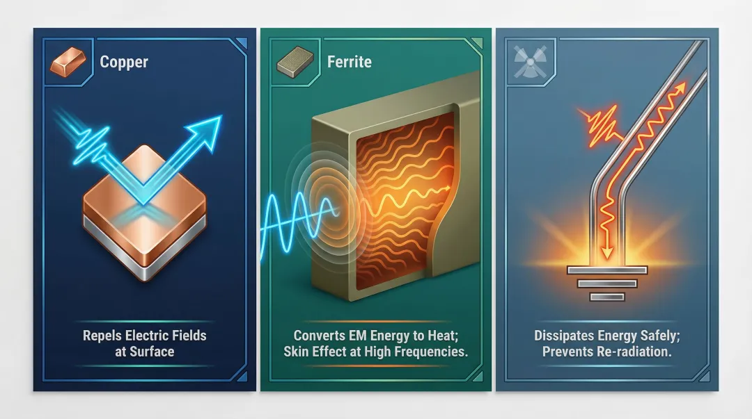Three RFI shielding mechanisms reflection absorption and grounding comparison diagram