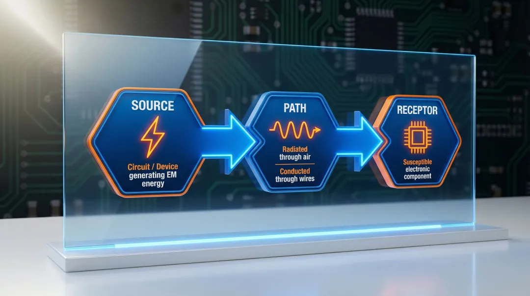 Three-component RFI interference model showing source path and receptor