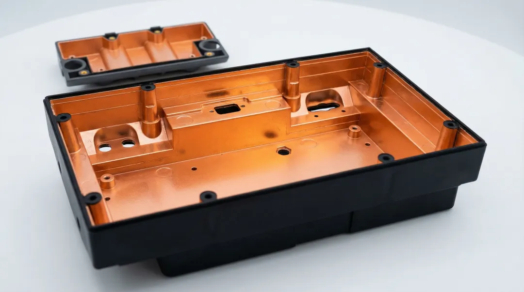 Electronic device housing with internal EMI shielding coating on plastic enclosure