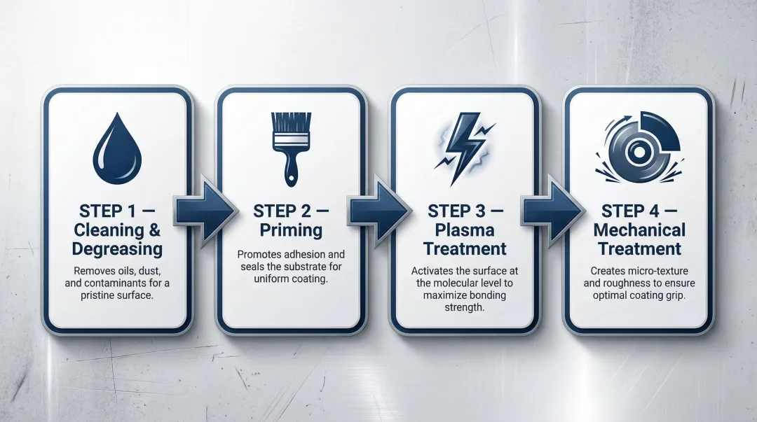 Four surface preparation steps for scratch-resistant coating adhesion process flow
