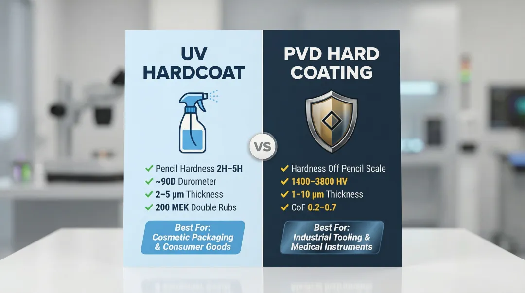 UV hardcoat versus PVD hard coating side-by-side performance metrics comparison chart