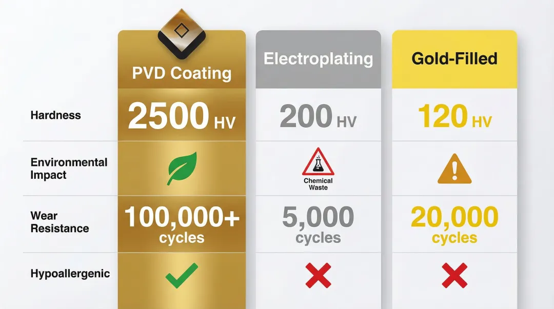 PVD coating versus electroplating versus gold-filled jewelry comparison chart