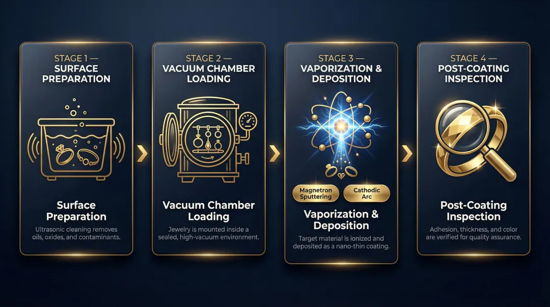 PVD jewelry coating 4-step process from vacuum chamber to finished piece