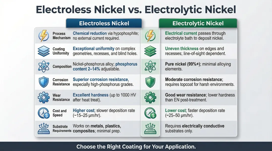 Electroless versus electrolytic nickel plating seven-factor comparison chart