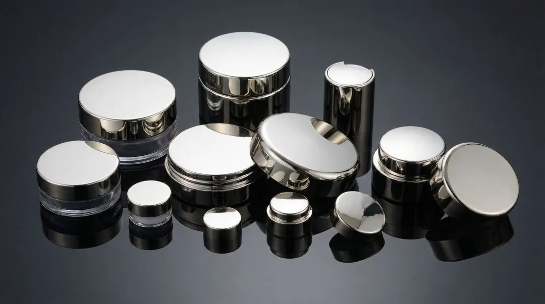 Decorative nickel plated cosmetic packaging components with mirror finish on plastic and metal substrates